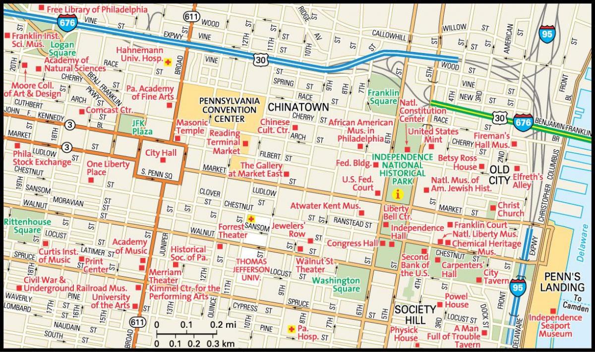 žemėlapis nuo miesto centro Filadelfijoje