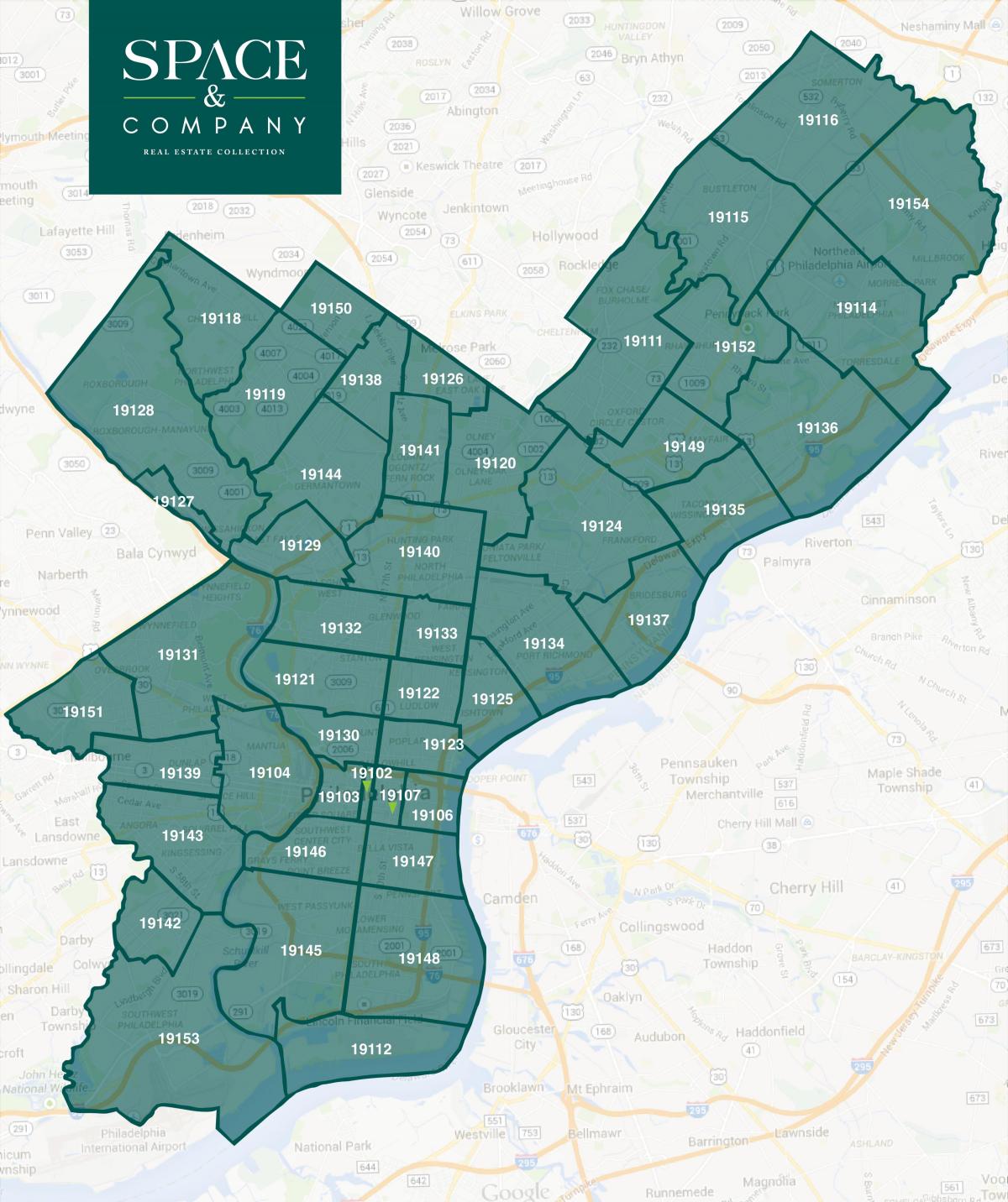 žemėlapis Filadelfijos apylinkėse ir zip kodai